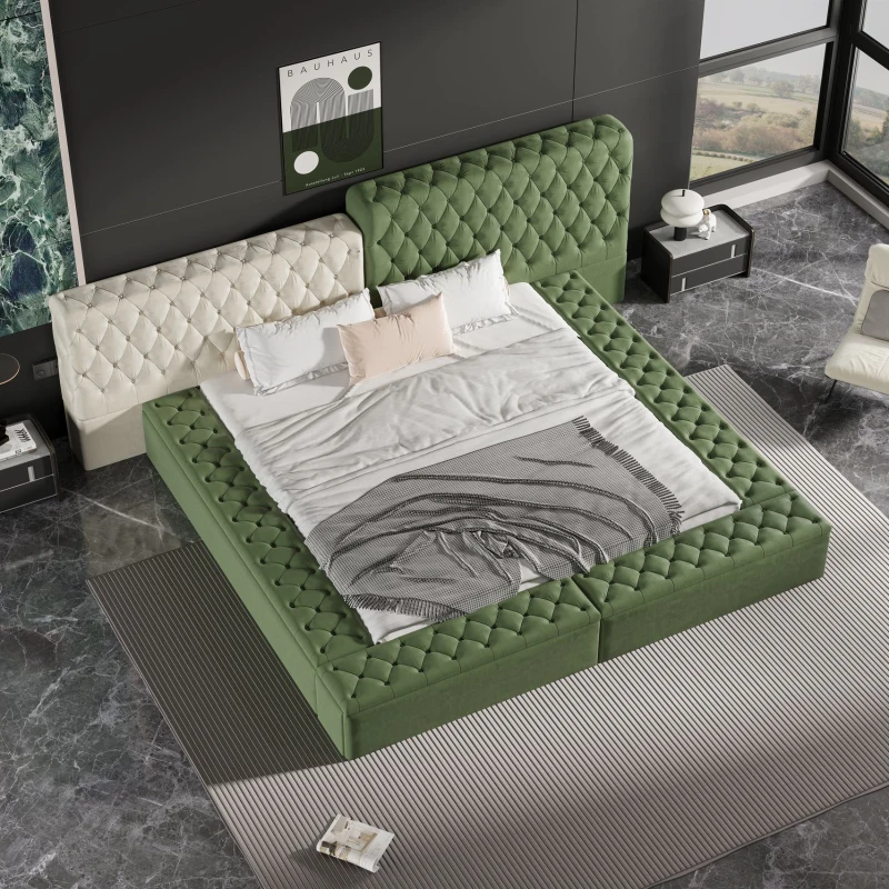 King Contemporary Special-Shaped Upholstered Bed with Deep Button Tufting, Storage Compartments, 123.5" L x 101" W x 43.5" H, Green