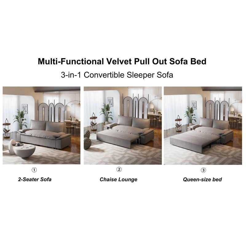 70" 3-in-1 Convertible Sleeper Sofa with 2 Soft Pillows, Multi-Functional Velvet Loveseat Bed, 70" L x 33" W x 36" H, Grey