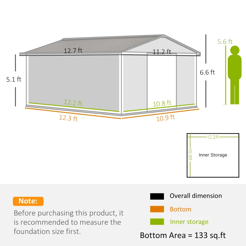 Outsunny 11' x 13' Garden Metal Shed, Storage Shed Utility Storage with Double Locking Doors for Bike, Yard Tools, Dark Gray