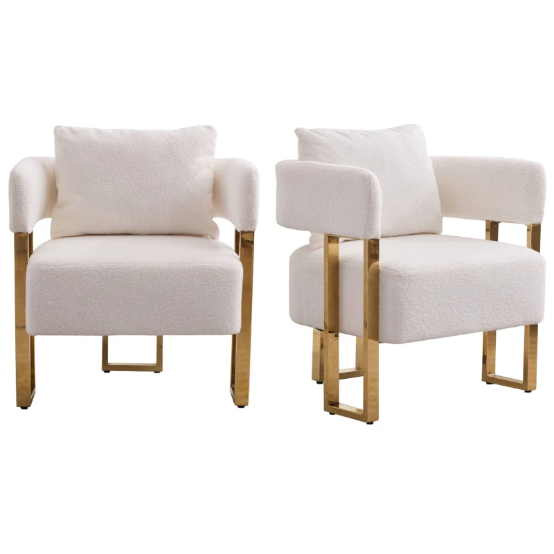 2-Set Living Room Teddy Fleece Upholstered Side Chair with Gold Metal Legs, Modern Decorative Chair, 26" L x 24.5" W x 27" H, White+Gold