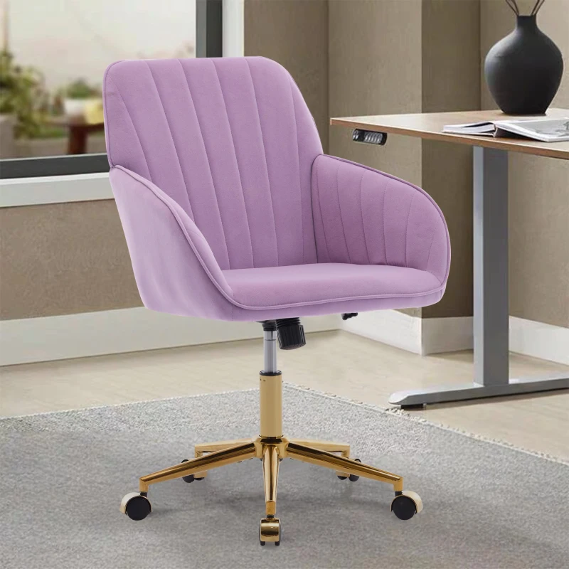 Adjustable Ergonomic Swivel Chair with Golden Base and Lumbar Support, Office Chair with Memory Foam Cushion, 25" L x 23" W x 38" H, Lilac