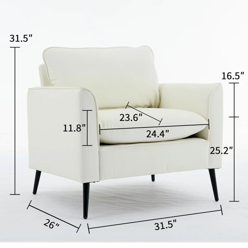 Leather Upholstered Sofa Chair of Nordic Retro Light Luxury for Living Room and Bedroom, Single Casual Sofa, 31.5" L x 26" W x 31.5" H, Cream White