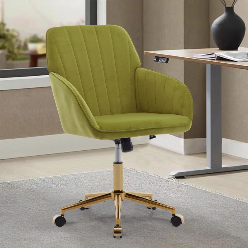 Adjustable Ergonomic Swivel Chair with Velvet Cushion and Lumbar Support, Office Chair with Golden Base, 25" L x 23" W x 38" H, Pale Green