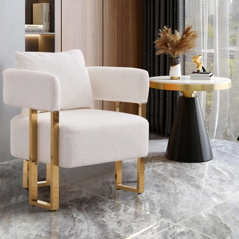Modern Living Room Side Chair with Gold Metal Legs, Teddy Fleece Upholstered, Ergonomic Design, 26" L x 24.5" W x 27" H, White+Gold