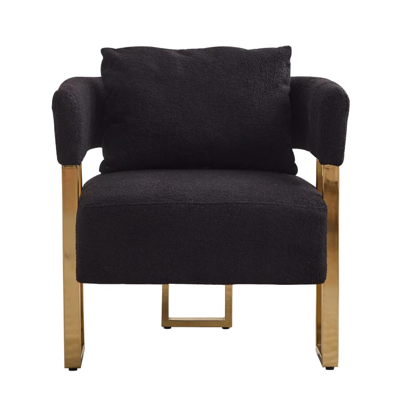 Modern Living Room Side Chair with Gold Metal Legs, Teddy Fleece Upholstered, Ergonomic Design, 26" L x 24.5" W x 27" H, Black+Gold