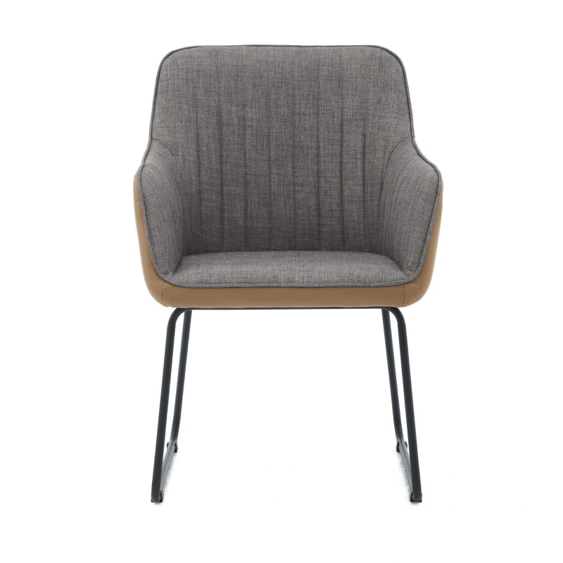 Leather Splicing Linen Dining Chair with Cushioned Seat and Metal Legs, Ergonomic Armchair, 25" L x 23" W x 33" H, Light Grey+Camel Oak
