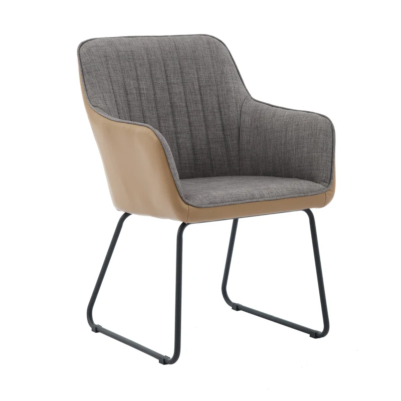 Leather Splicing Linen Dining Chair with Cushioned Seat and Metal Legs, Ergonomic Armchair, 25" L x 23" W x 33" H, Light Grey+Camel Oak