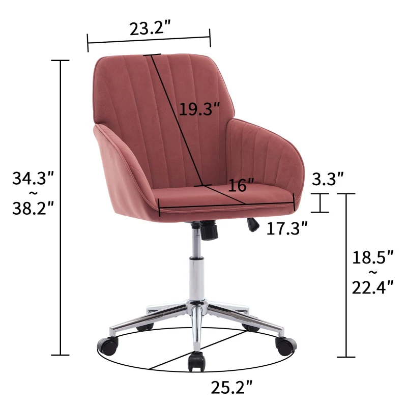 Adjustable Swivel Chair with Memory Foam Cushion and Lumbar Support, Ergonomic Office Chair with Silver Base, 25" L x 23" W x 38" H, Rose Red