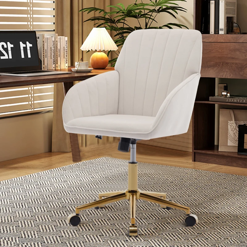 Adjustable Ergonomic Swivel Chair with Velvet Cushion and Lumbar Support, Office Chair with Golden Base, 25" L x 23" W x 38" H, Beige