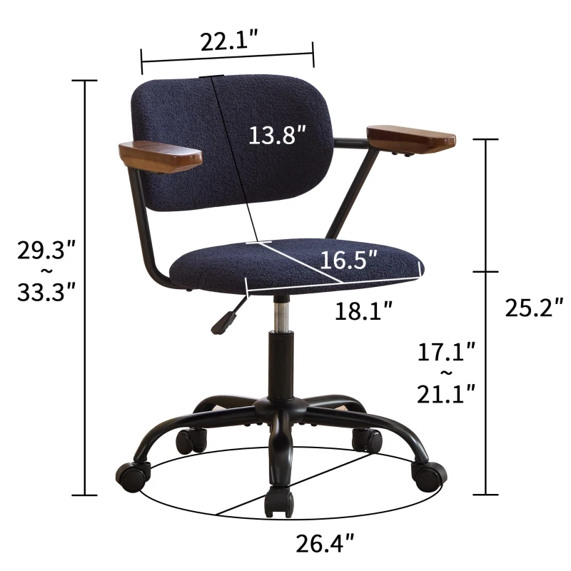 Height Adjustable Computer Chair with 360° Rotating Wheels, Ergonomic Backrest Support and Armrests, 26.5" L x 22" W x 33.5" H, Blue