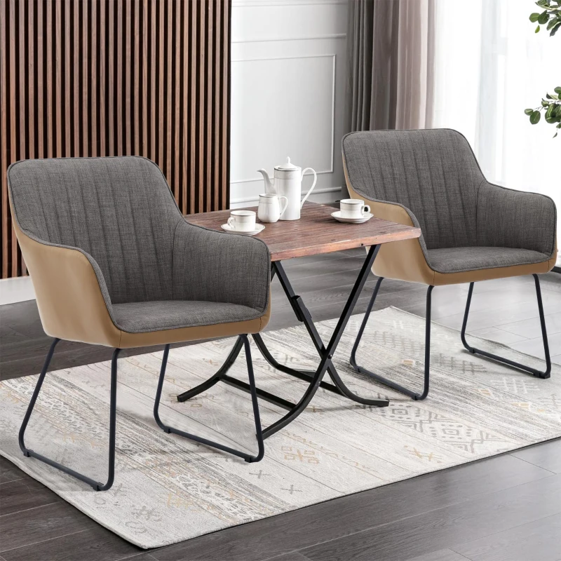 Leather Splicing Linen Dining Chair with Cushioned Seat and Metal Legs, Ergonomic Armchair, 25" L x 23" W x 33" H, Light Grey+Camel Oak
