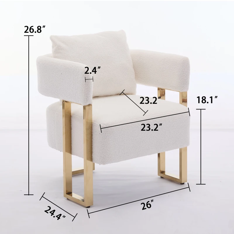 Modern Living Room Side Chair with Gold Metal Legs, Teddy Fleece Upholstered, Ergonomic Design, 26" L x 24.5" W x 27" H, White+Gold