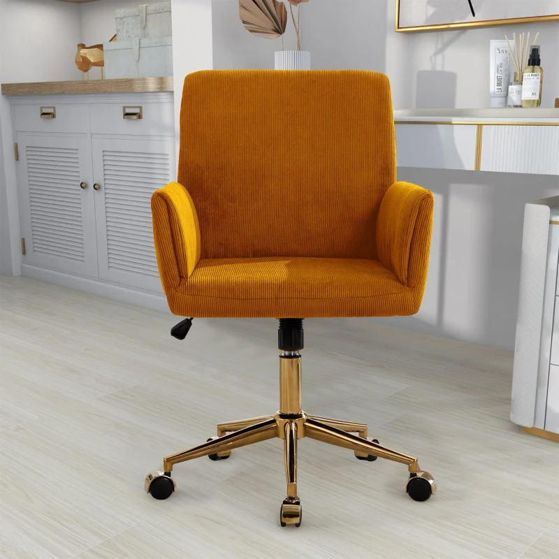 Height Adjustable 360° Armchair with Gold Base and Ergonomic Design, Modern Corduroy Office Desk Chair, 25" L x 23.5" W x 38.5" H, Yellow