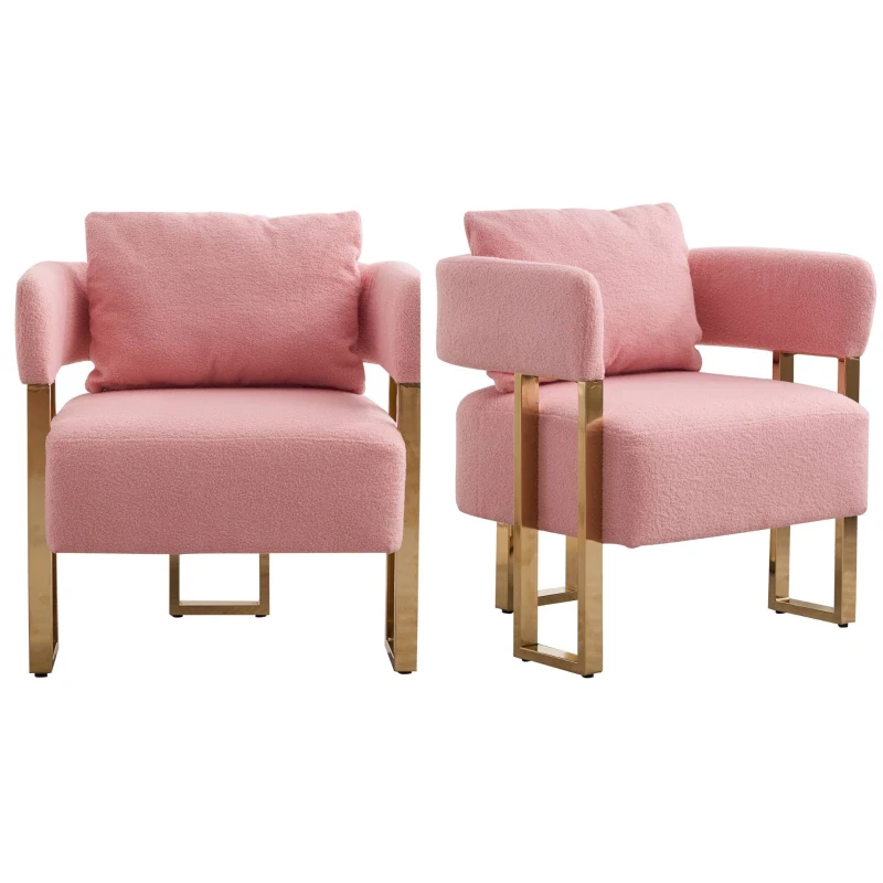 2er-Set Living Room Teddy Fleece Upholstered Side Chair with Gold Metal Legs, Modern Decorative Chair, 26" L x 24.5" W x 27" H, Pink