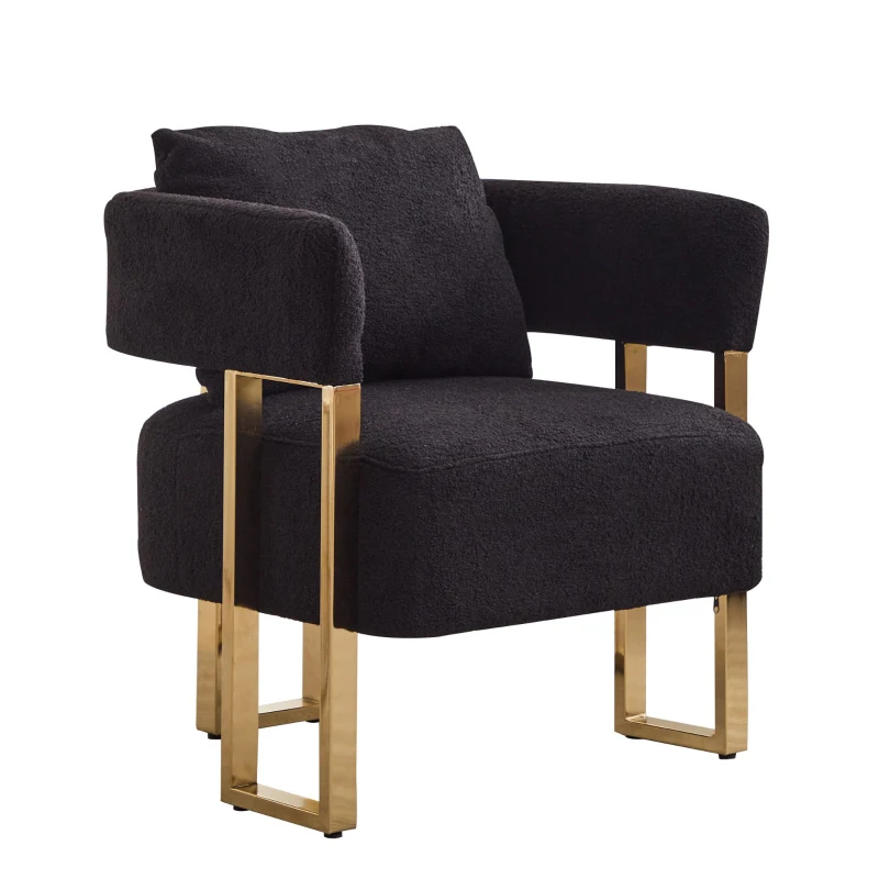 Modern Living Room Side Chair with Gold Metal Legs, Teddy Fleece Upholstered, Ergonomic Design, 26" L x 24.5" W x 27" H, Black+Gold