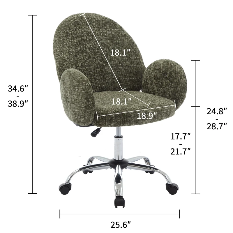 Rotating Office Chair with High Backrest and Circular Armrests, Ergonomic Design, Wide Seat, 25.5" L x 25" W x 39" H, Green