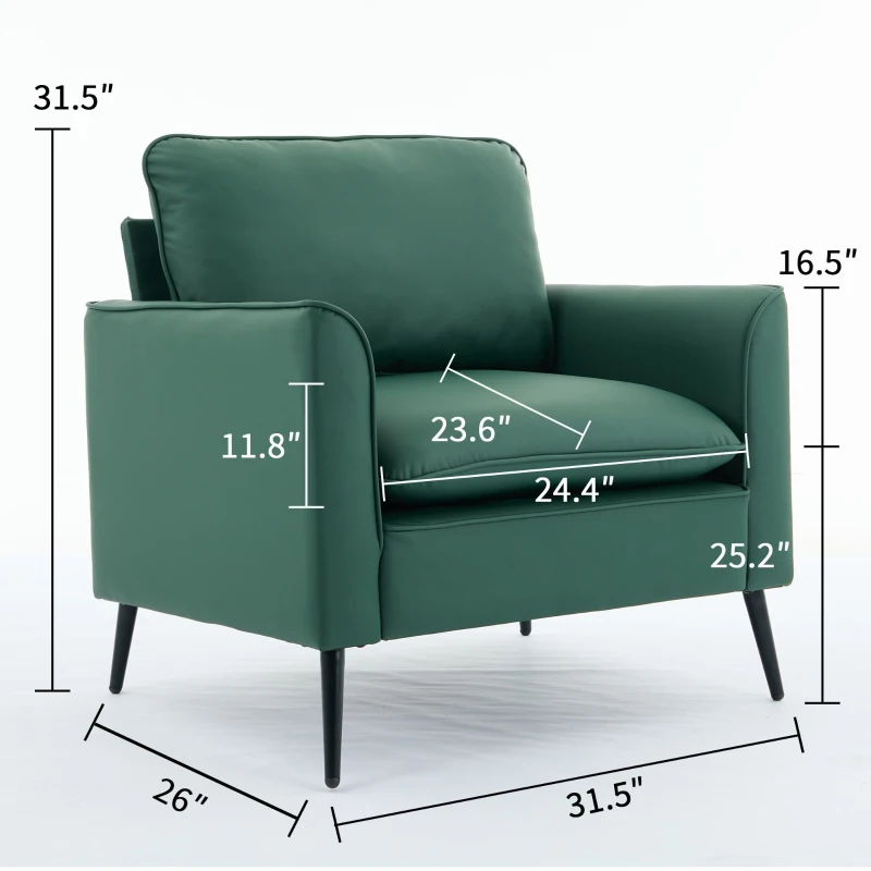 Leather Upholstered Sofa Chair of Nordic Retro Light Luxury for Living Room and Bedroom, Single Casual Sofa, 31.5" L x 26" W x 31.5" H, Green