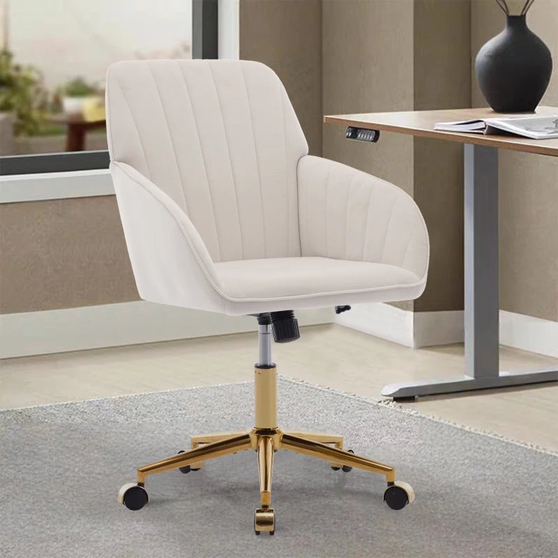 Adjustable Ergonomic Swivel Chair with Velvet Cushion and Lumbar Support, Office Chair with Golden Base, 25" L x 23" W x 38" H, Beige