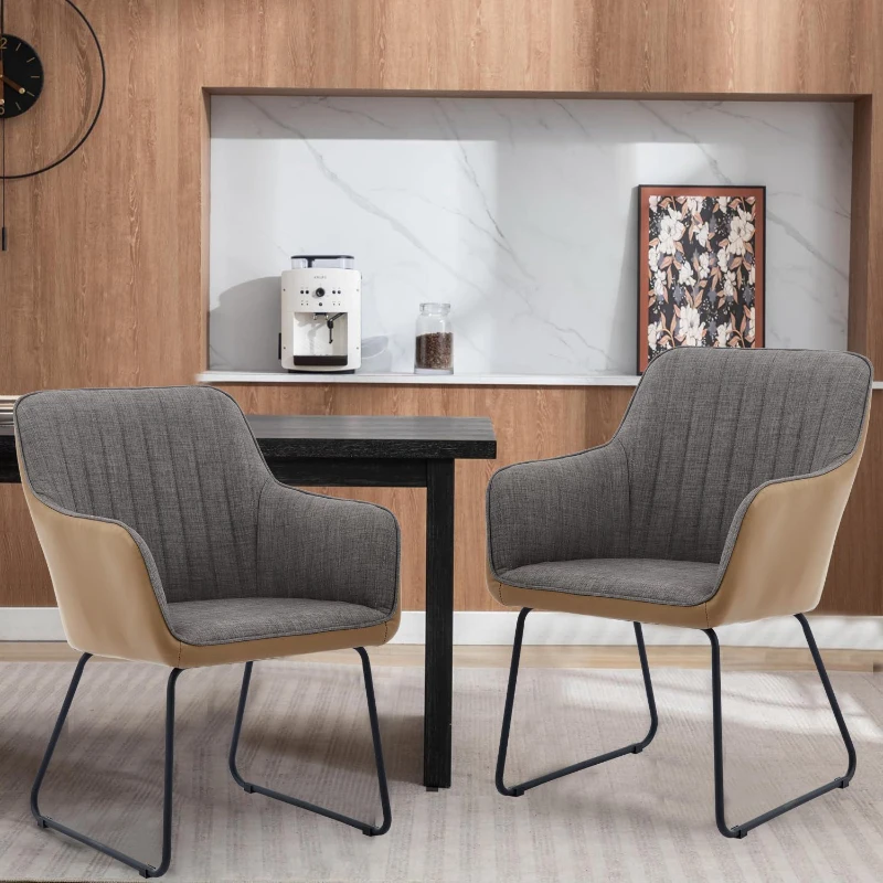 Leather Splicing Linen Dining Chair with Cushioned Seat and Metal Legs, Ergonomic Armchair, 25" L x 23" W x 33" H, Light Grey+Camel Oak