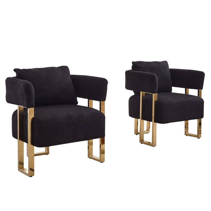 2-Set Living Room Teddy Fleece Upholstered Side Chair with Gold Metal Legs, Modern Decorative Chair, 26" L x 24.5" W x 27" H, Black+Gold