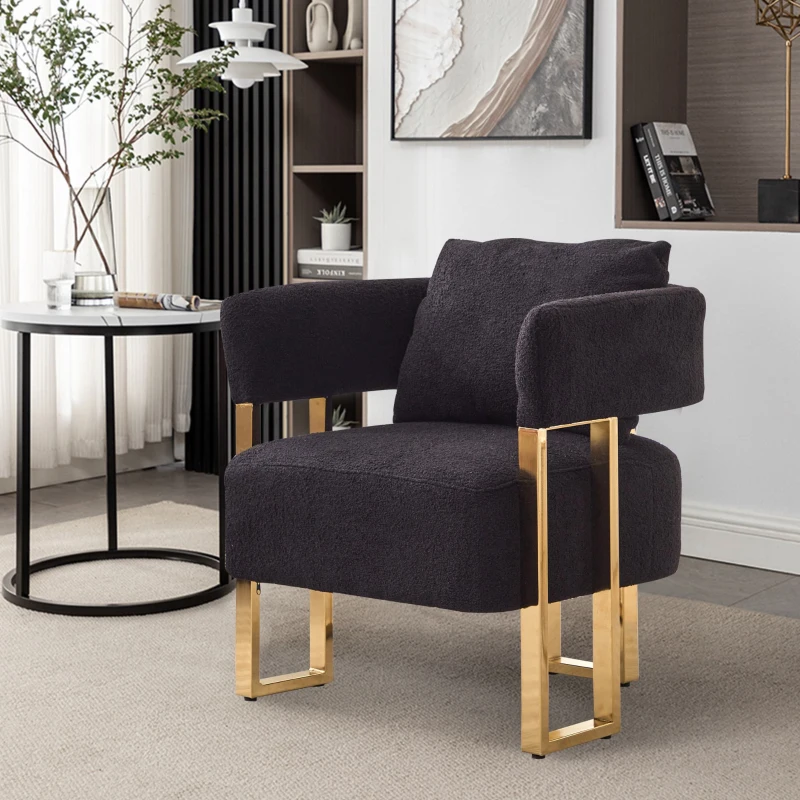 Modern Living Room Side Chair with Gold Metal Legs, Teddy Fleece Upholstered, Ergonomic Design, 26" L x 24.5" W x 27" H, Black+Gold