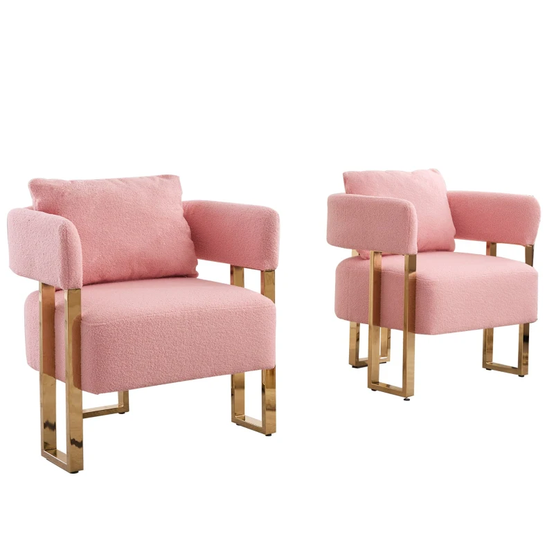 2er-Set Living Room Teddy Fleece Upholstered Side Chair with Gold Metal Legs, Modern Decorative Chair, 26" L x 24.5" W x 27" H, Pink
