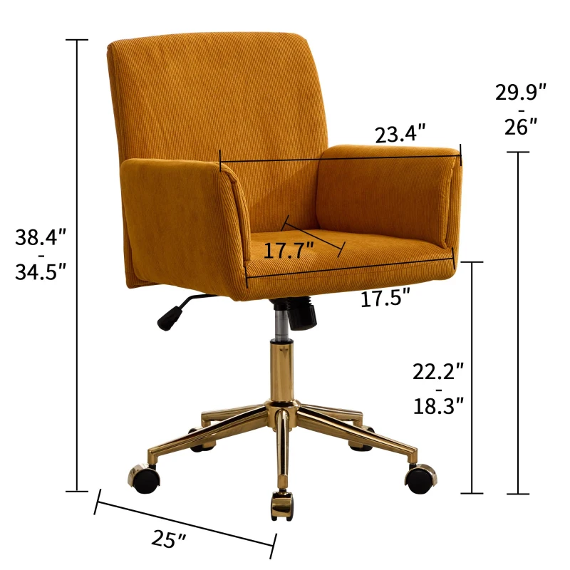 Height Adjustable 360° Armchair with Gold Base and Ergonomic Design, Modern Corduroy Office Desk Chair, 25" L x 23.5" W x 38.5" H, Yellow