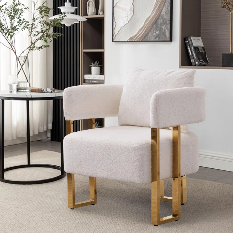 Modern Living Room Side Chair with Gold Metal Legs, Teddy Fleece Upholstered, Ergonomic Design, 26" L x 24.5" W x 27" H, White+Gold