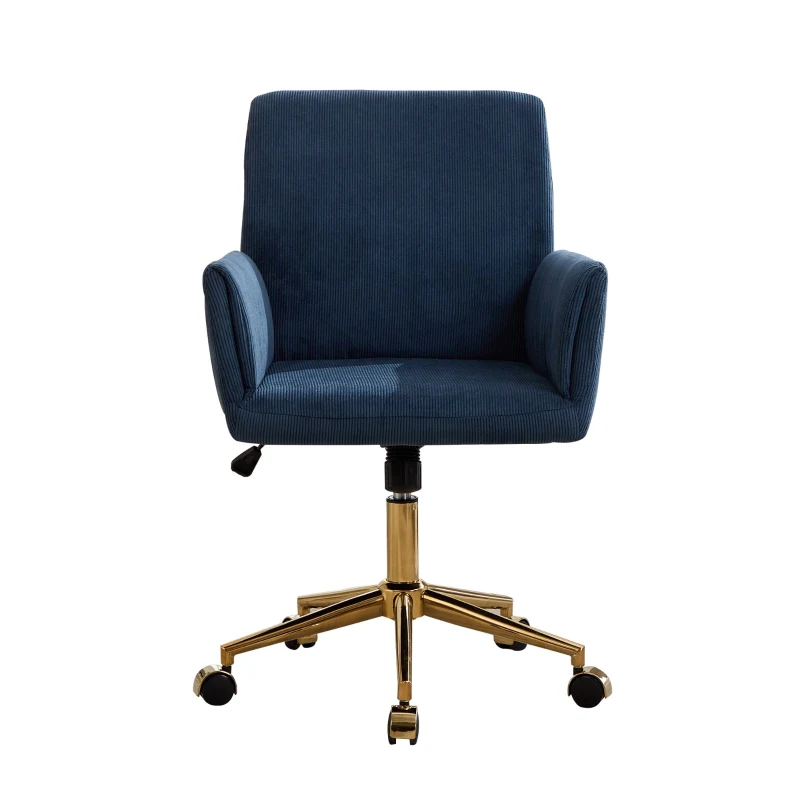 Modern Height Adjustable 360° Armchair with Ergonomic Design, Corduroy Office Desk Chair with Gold Base, 25" L x 23.5" W x 38.5" H, Blue