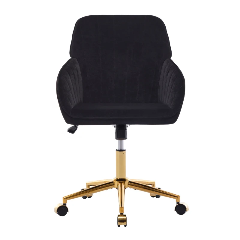 Adjustable Ergonomic Swivel Chair with Velvet Cushion and Lumbar Support, Office Chair with Golden Base, 25" L x 23" W x 38" H, Black