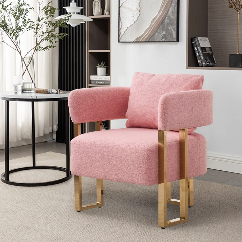 2er-Set Living Room Teddy Fleece Upholstered Side Chair with Gold Metal Legs, Modern Decorative Chair, 26" L x 24.5" W x 27" H, Pink