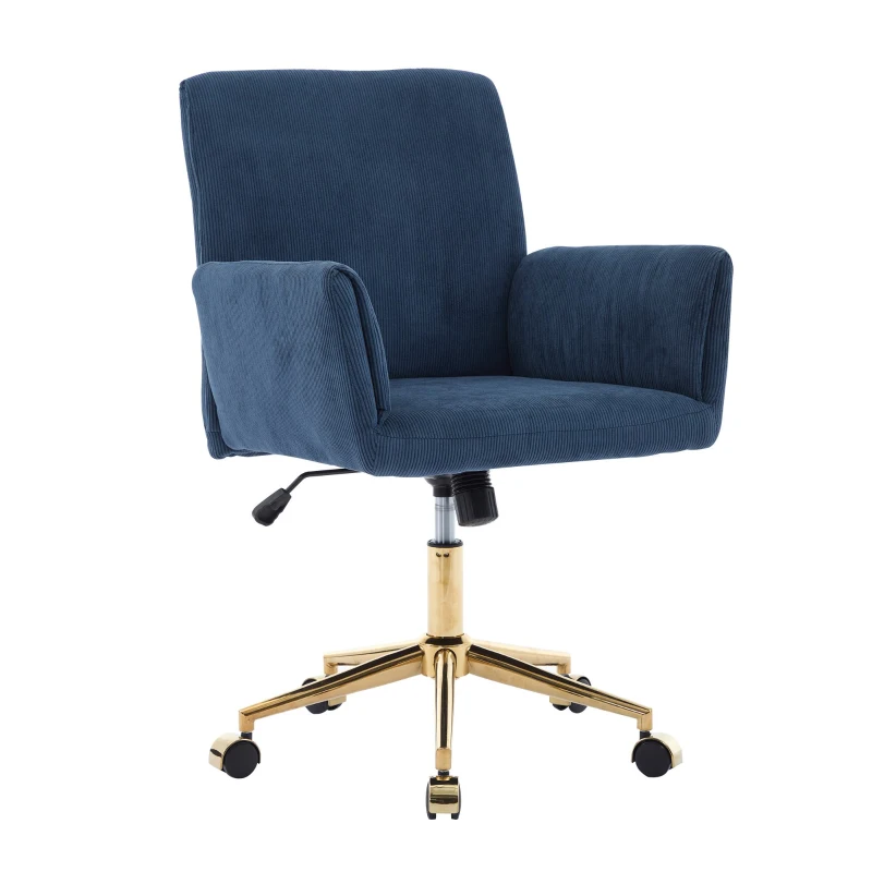 Modern Height Adjustable 360° Armchair with Ergonomic Design, Corduroy Office Desk Chair with Gold Base, 25" L x 23.5" W x 38.5" H, Blue