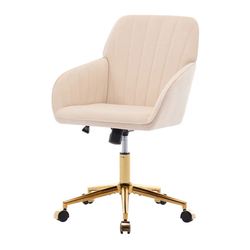 Adjustable Ergonomic Swivel Chair with Velvet Cushion and Golden Base, Office Chair, 25" L x 23" W x 38" H, khaki