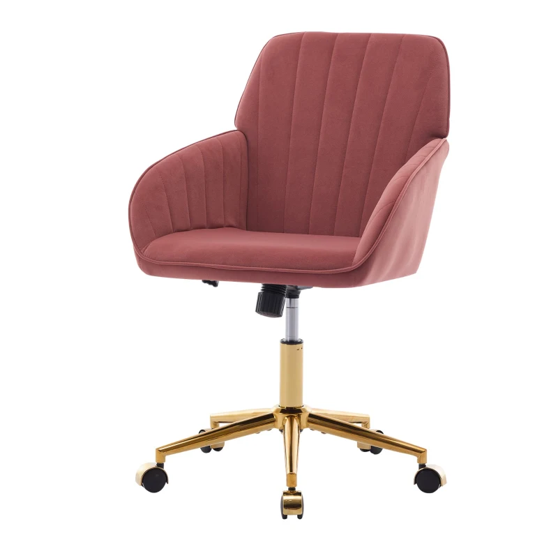 Ergonomic Adjustable Swivel Chair with Velvet Cushion and Lumbar Support, Office Chair with Golden Base, 25" L x 23" W x 38" H, Rose Red