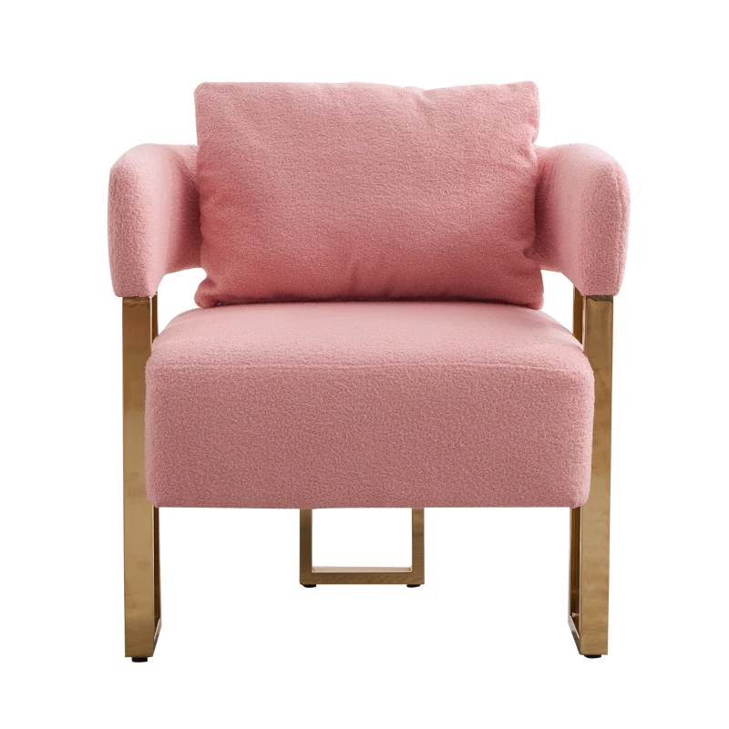 Modern Living Room Side Chair with Gold Metal Legs, Teddy Fleece Upholstered, Ergonomic Design, 26" L x 24.5" W x 27" H, Pink