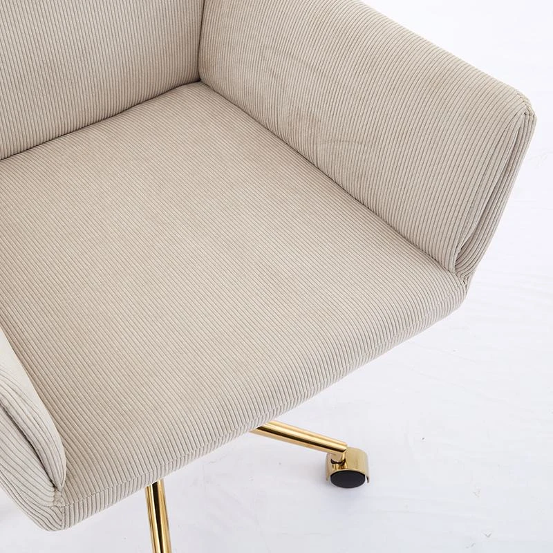 Modern Height Adjustable 360° Armchair with Ergonomic Design, Corduroy Office Desk Chair with Gold Base, 25" L x 23.5" W x 38.5" H, Creamy White