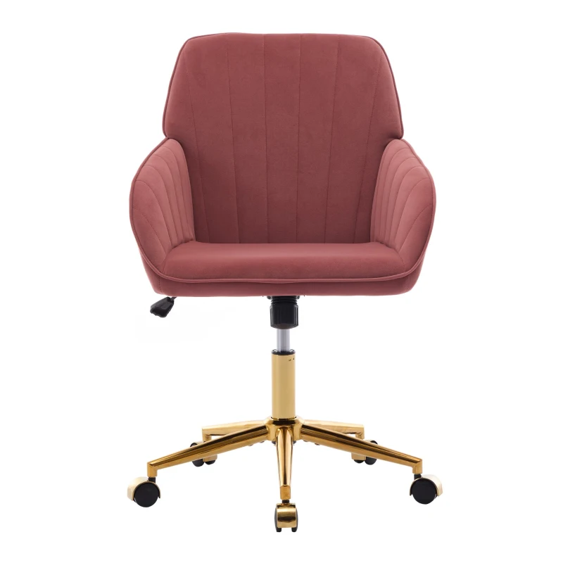 Ergonomic Adjustable Swivel Chair with Velvet Cushion and Lumbar Support, Office Chair with Golden Base, 25" L x 23" W x 38" H, Rose Red