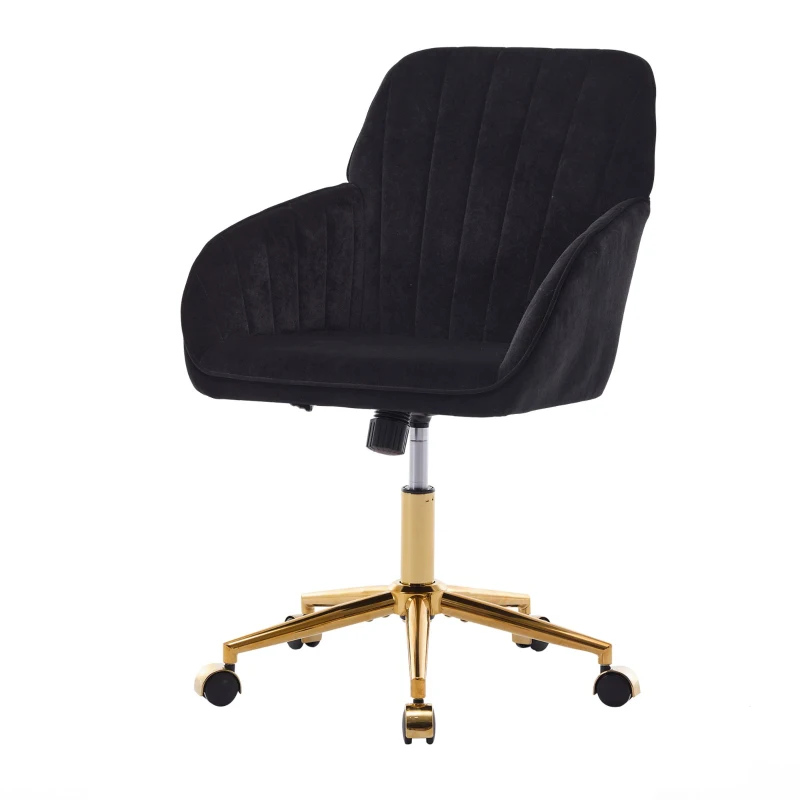 Adjustable Ergonomic Swivel Chair with Velvet Cushion and Lumbar Support, Office Chair with Golden Base, 25" L x 23" W x 38" H, Black