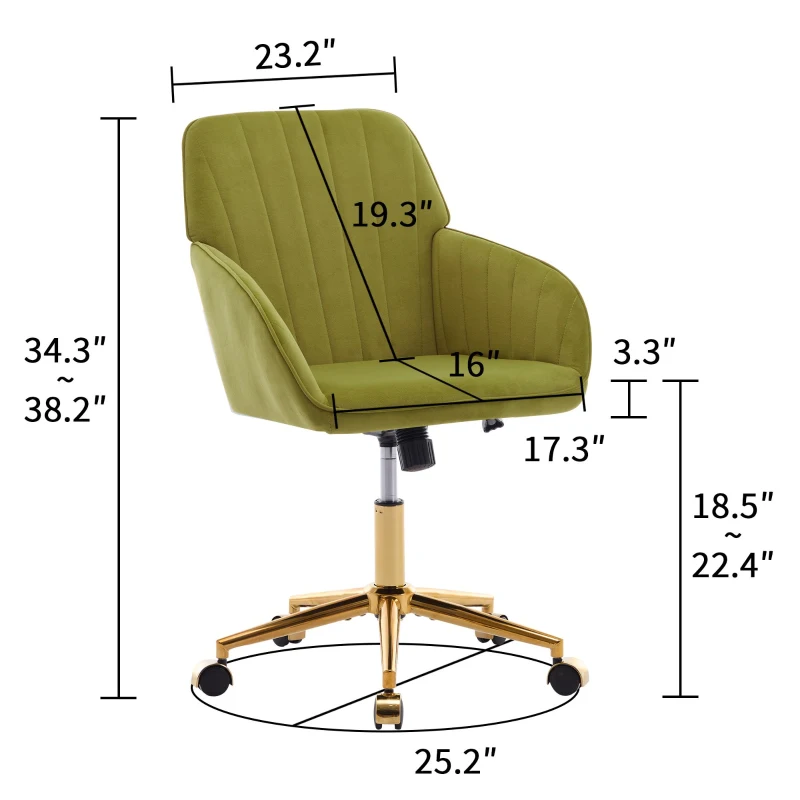 Adjustable Ergonomic Swivel Chair with Velvet Cushion and Lumbar Support, Office Chair with Golden Base, 25" L x 23" W x 38" H, Pale Green