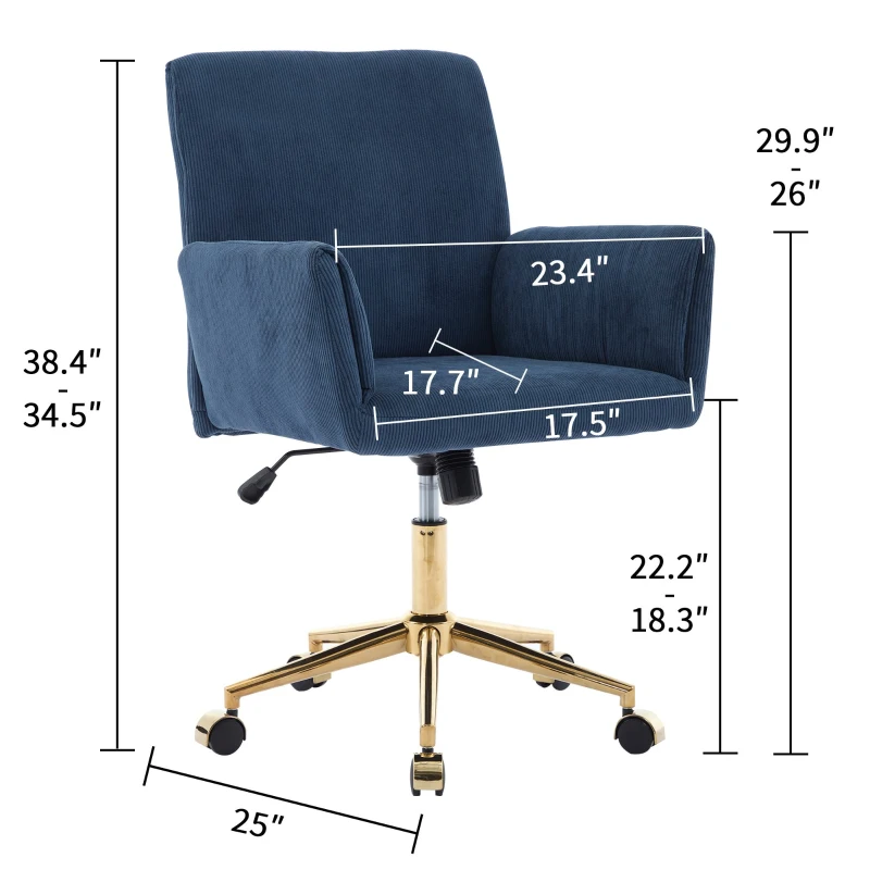 Modern Height Adjustable 360° Armchair with Ergonomic Design, Corduroy Office Desk Chair with Gold Base, 25" L x 23.5" W x 38.5" H, Blue