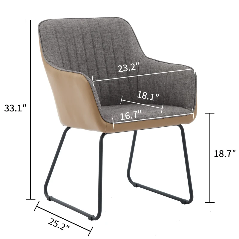 Leather Splicing Linen Dining Chair with Cushioned Seat and Metal Legs, Ergonomic Armchair, 25" L x 23" W x 33" H, Light Grey+Camel Oak