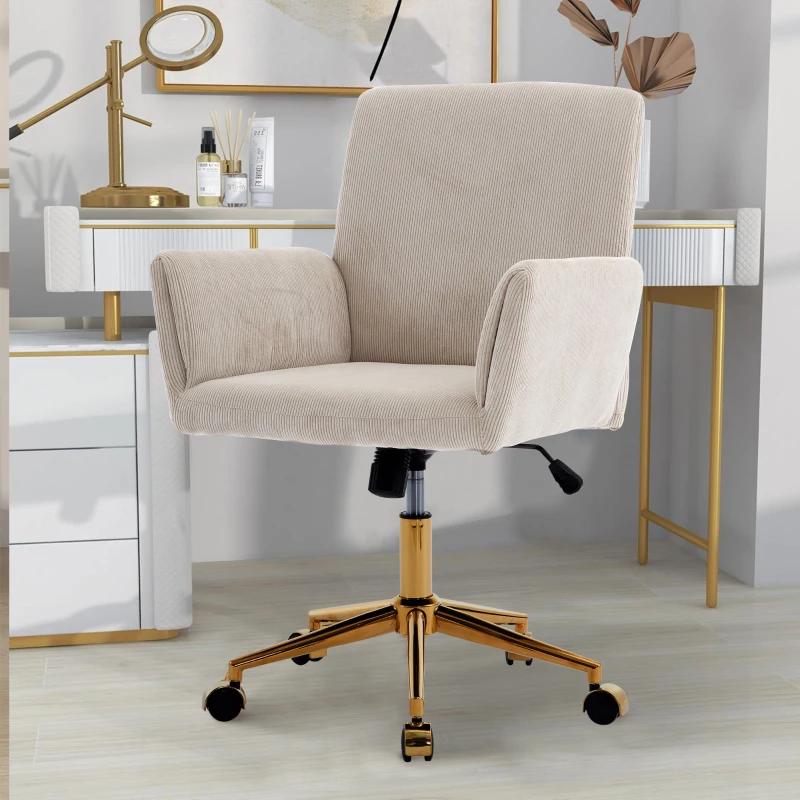 Modern Height Adjustable 360° Armchair with Ergonomic Design, Corduroy Office Desk Chair with Gold Base, 25" L x 23.5" W x 38.5" H, Creamy White