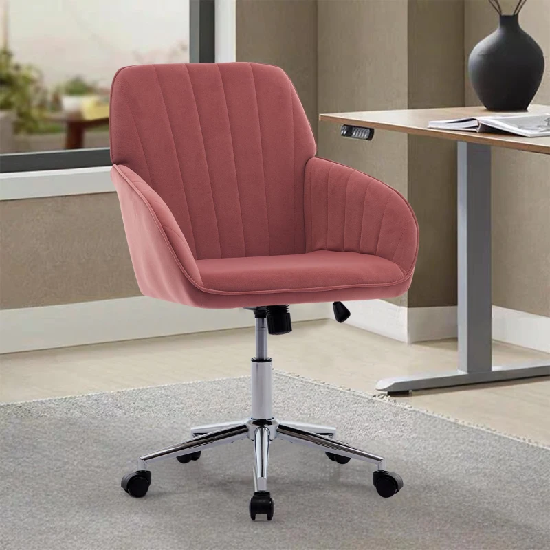 Adjustable Swivel Chair with Memory Foam Cushion and Lumbar Support, Ergonomic Office Chair with Silver Base, 25" L x 23" W x 38" H, Rose Red