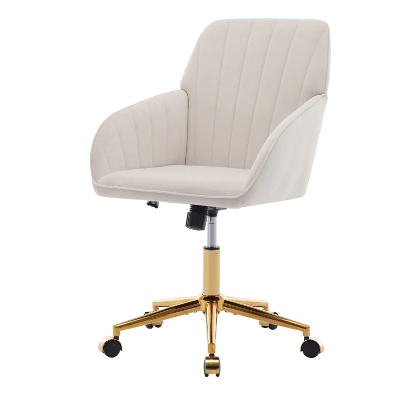 Adjustable Ergonomic Swivel Chair with Velvet Cushion and Lumbar Support, Office Chair with Golden Base, 25" L x 23" W x 38" H, Beige