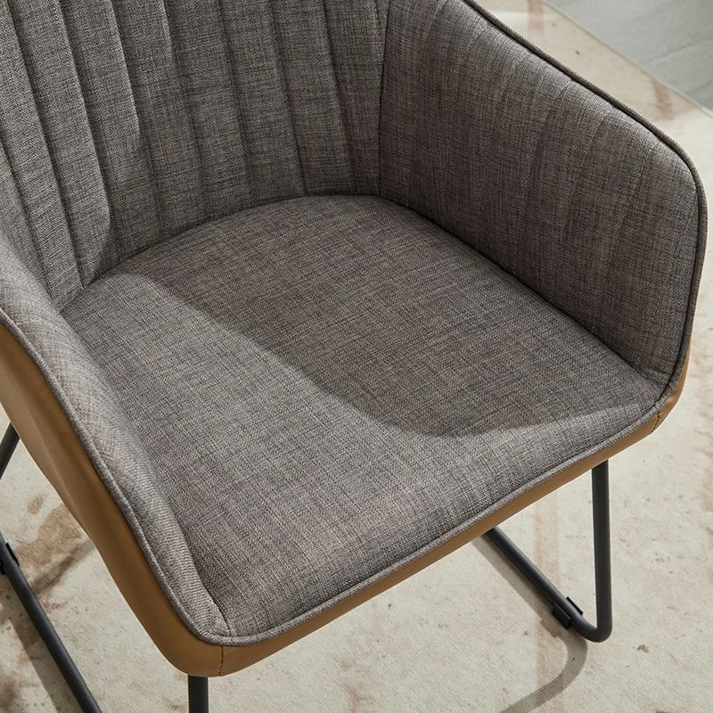 Leather Splicing Linen Dining Chair with Cushioned Seat and Metal Legs, Ergonomic Armchair, 25" L x 23" W x 33" H, Light Grey+Camel Oak