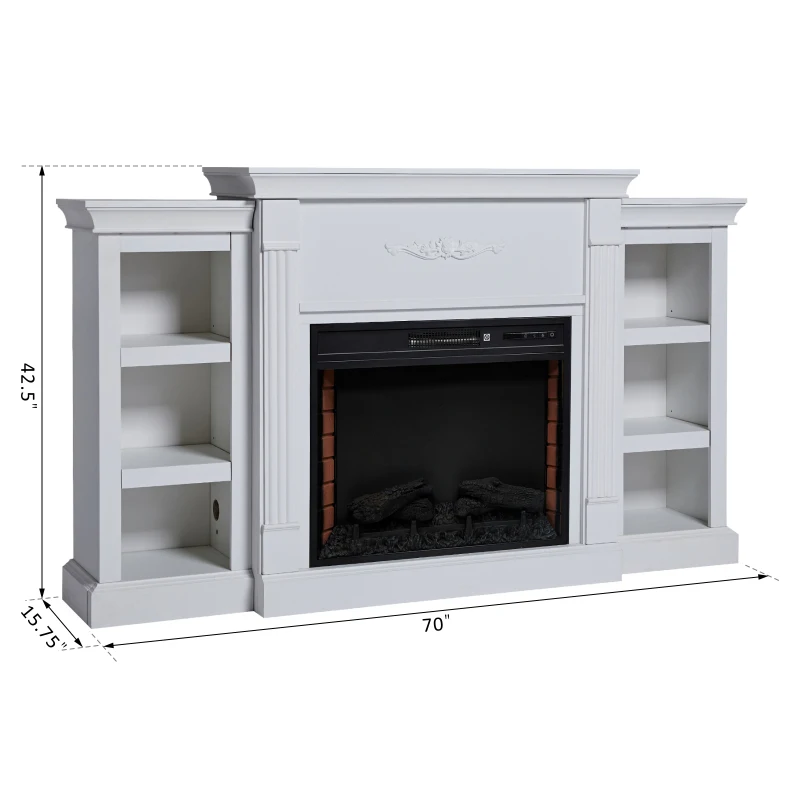 HOMCOM 70" W x 15.75" H Electric Fireplace Mantel TV Stand, Media Console Center Cabinet with 6 Shelves and Remote Control, Cream White