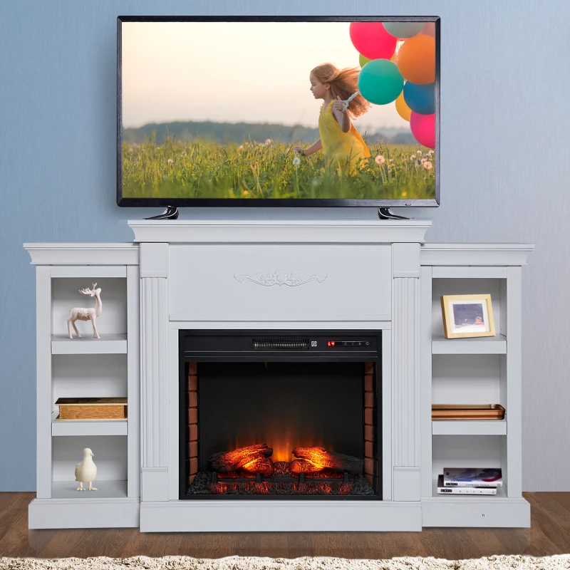 HOMCOM 70" W x 15.75" H Electric Fireplace Mantel TV Stand, Media Console Center Cabinet with 6 Shelves and Remote Control, Cream White