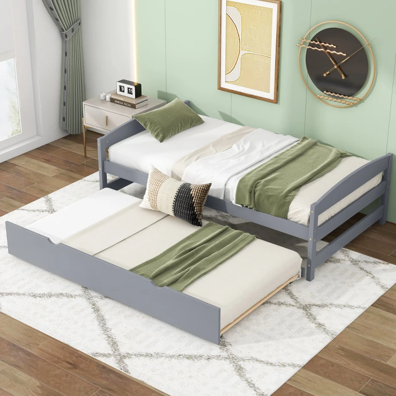 Twin Size Platform Bed with Twin Size Trundle, Headboard and Footboard, Sturdy Pine Wood Construction, 77.5" L x 40.5" W x 22" H, Gray