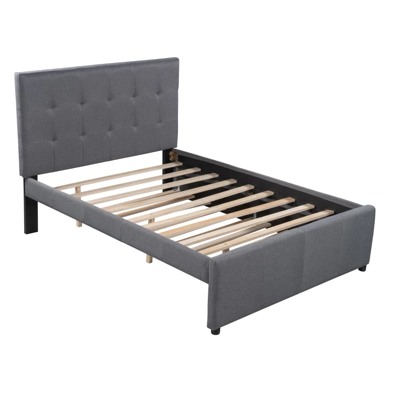 Vinsetto Full Size Linen Upholstered Platform Bed with Headboard and Trundle, Solid Wood Frame, Built-in Slats, 79" L x 58" W x 47" H, Gray