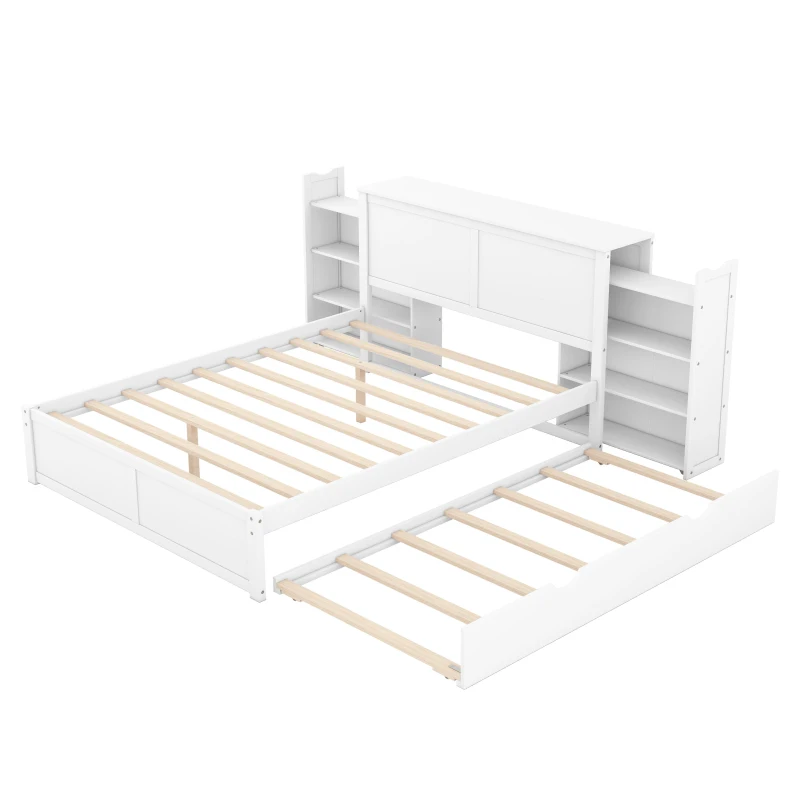Queen Size Storage Platform Bed with Pull Out Shelves and Twin XL Trundle, Solid Wood and MDF, 111.5" L x 93.5" W x 39.5" H, White